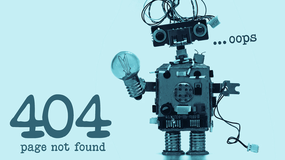 Roboter mit Glühbirne zeigt 404 Fehler an